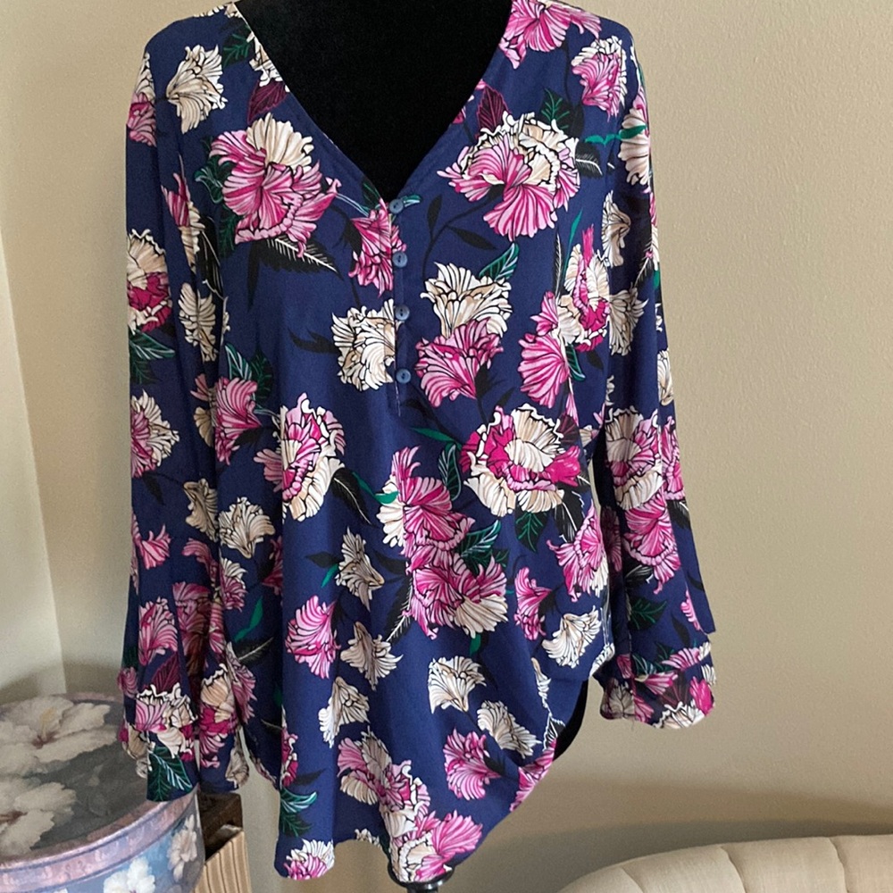 Floral V-Neck Blouse in Blue and Pink - Picture 1 of 4